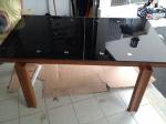 Table design noyer plateau verre noire neuve - Miniature